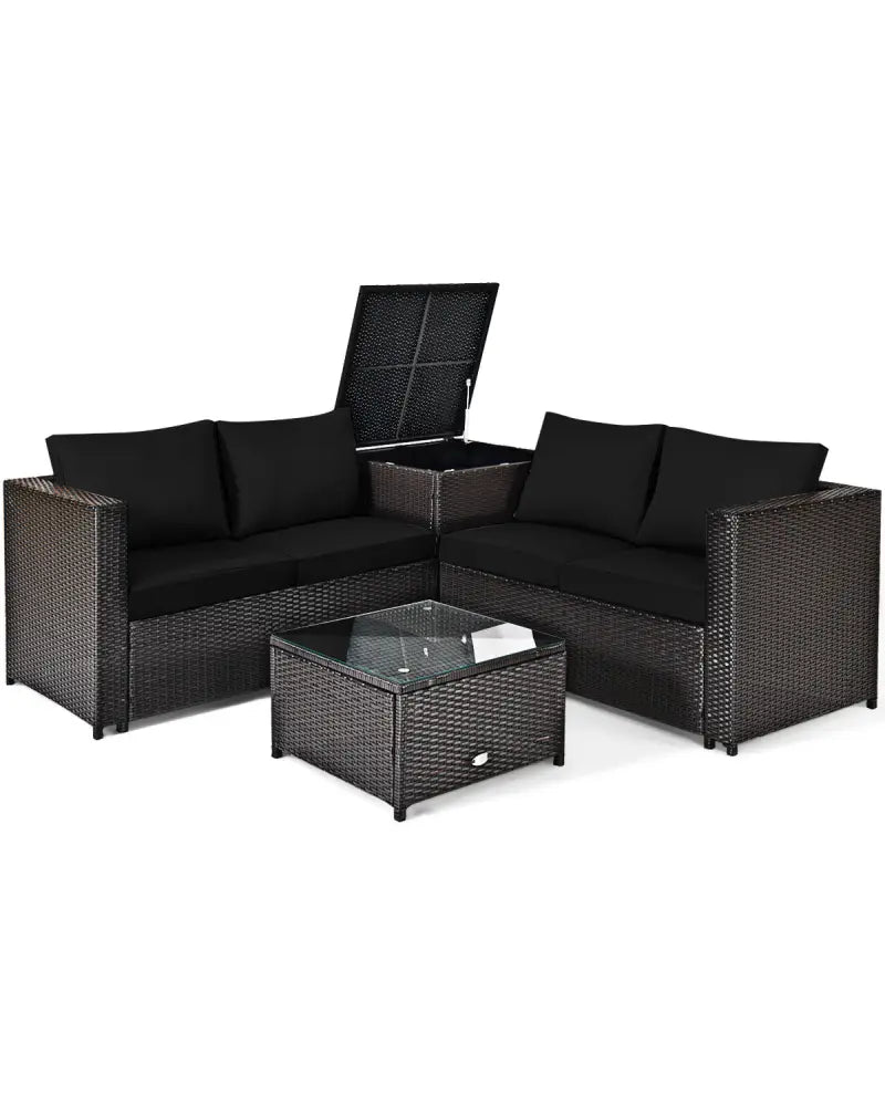 4 Pieces Outdoor Patio Rattan Furniture Set with Loveseat and Storage Box-Black - Black - Outdoor Sectionals
