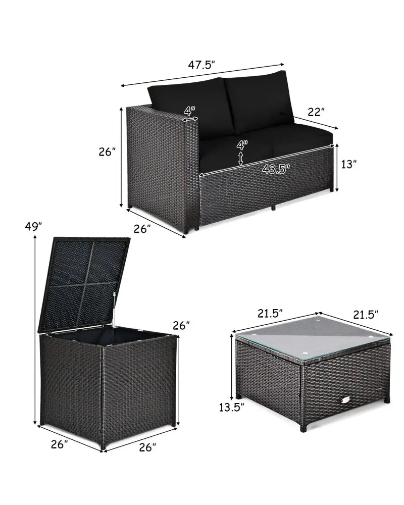 4 Pieces Outdoor Patio Rattan Furniture Set with Loveseat and Storage Box-Black - Black - Outdoor Sectionals