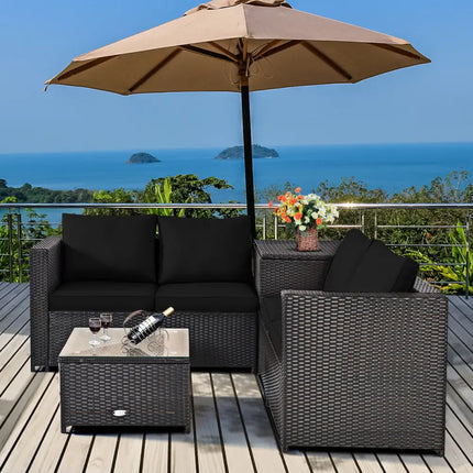4 Pieces Outdoor Patio Rattan Furniture Set with Loveseat and Storage Box-Black - Black - Outdoor Sectionals