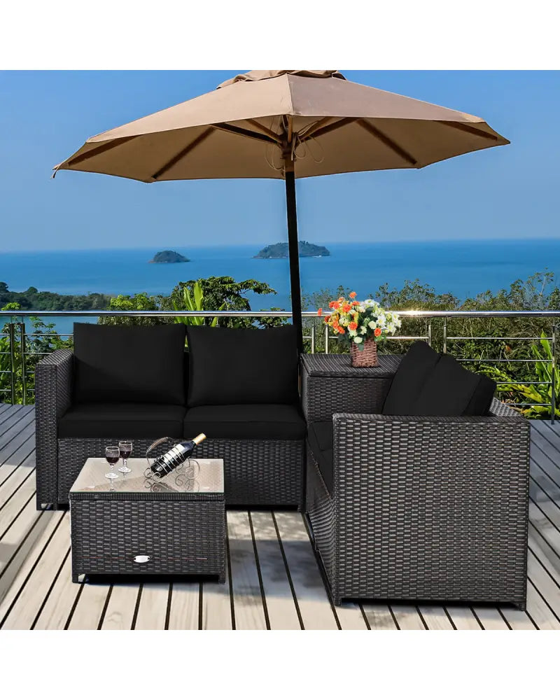 4 Pieces Outdoor Patio Rattan Furniture Set with Loveseat and Storage Box-Black - Black - Outdoor Sectionals