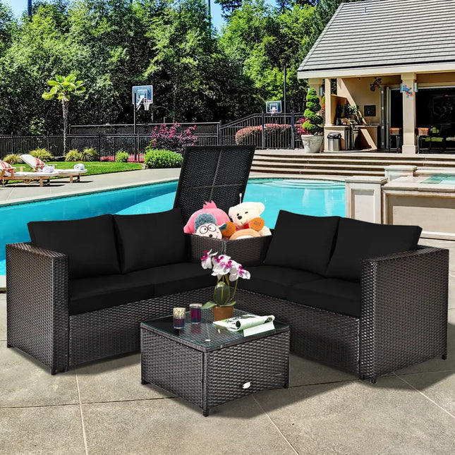 4 Pieces Outdoor Patio Rattan Furniture Set with Loveseat and Storage Box-Black - Black - Outdoor Sectionals