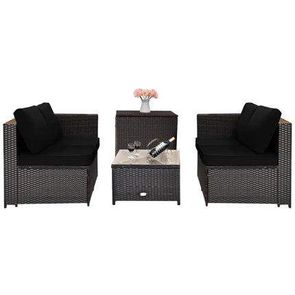 4 Pieces Outdoor Patio Rattan Furniture Set with Loveseat and Storage Box-Black - Black - Outdoor Sectionals