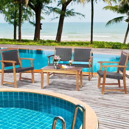 4 Pieces Outdoor Patio Rattan Furniture Sofa Set with Acacia Wood Frame - Brown - Patio Conversation Sets