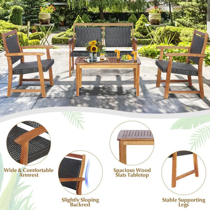 4 Pieces Outdoor Patio Rattan Furniture Sofa Set with Acacia Wood Frame - Brown - Patio Conversation Sets