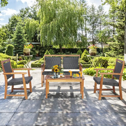 4 Pieces Outdoor Patio Rattan Furniture Sofa Set with Acacia Wood Frame - Brown - Patio Conversation Sets