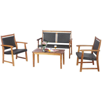 4 Pieces Outdoor Patio Rattan Furniture Sofa Set with Acacia Wood Frame - Brown - Patio Conversation Sets