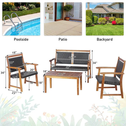 4 Pieces Outdoor Patio Rattan Furniture Sofa Set with Acacia Wood Frame - Brown - Patio Conversation Sets