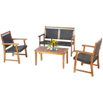 4 Pieces Outdoor Patio Rattan Furniture Sofa Set with Acacia Wood Frame - Brown - Patio Conversation Sets