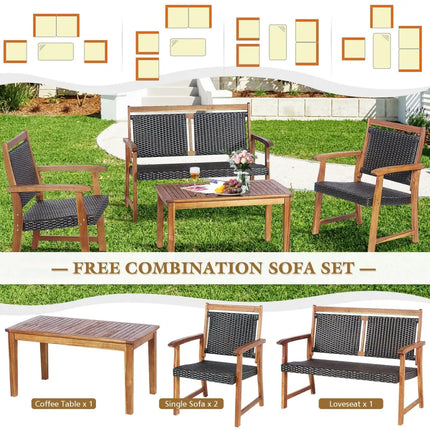 4 Pieces Outdoor Patio Rattan Furniture Sofa Set with Acacia Wood Frame - Brown - Patio Conversation Sets