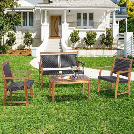 4 Pieces Outdoor Patio Rattan Furniture Sofa Set with Acacia Wood Frame - Brown - Patio Conversation Sets