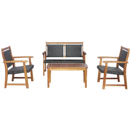 4 Pieces Outdoor Patio Rattan Furniture Sofa Set with Acacia Wood Frame - Brown - Patio Conversation Sets