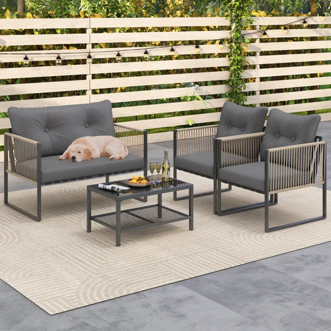 4 Pieces Outdoor PE Rattan Conversation Sofa Set with Cushions-Grey - Gray - Patio Conversation Sets