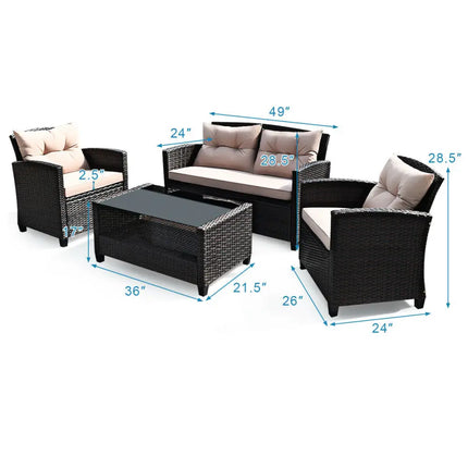 4 Pieces Outdoor Rattan Armrest Furniture Set Table with Lower Shelf-Beige - Beige - Patio Conversation Sets