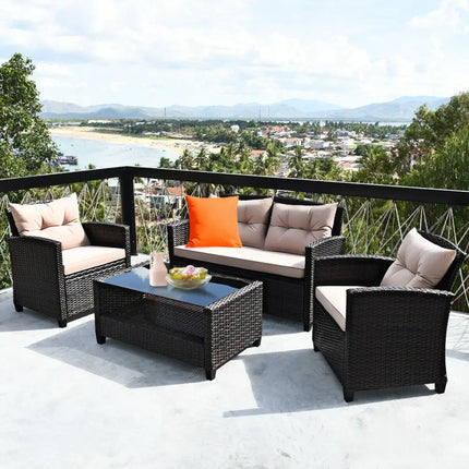 4 Pieces Outdoor Rattan Armrest Furniture Set Table with Lower Shelf-Beige - Beige - Patio Conversation Sets