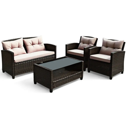 4 Pieces Outdoor Rattan Armrest Furniture Set Table with Lower Shelf-Beige - Beige - Patio Conversation Sets