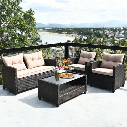 4 Pieces Outdoor Rattan Armrest Furniture Set Table with Lower Shelf-Beige - Beige - Patio Conversation Sets