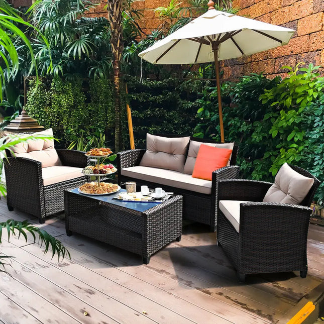 4 Pieces Outdoor Rattan Armrest Furniture Set Table with Lower Shelf-Beige - Beige - Patio Conversation Sets