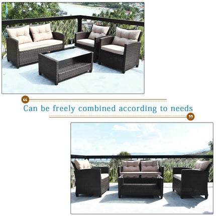 4 Pieces Outdoor Rattan Armrest Furniture Set Table with Lower Shelf-Beige - Beige - Patio Conversation Sets
