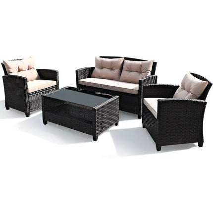 4 Pieces Outdoor Rattan Armrest Furniture Set Table with Lower Shelf-Beige - Beige - Patio Conversation Sets