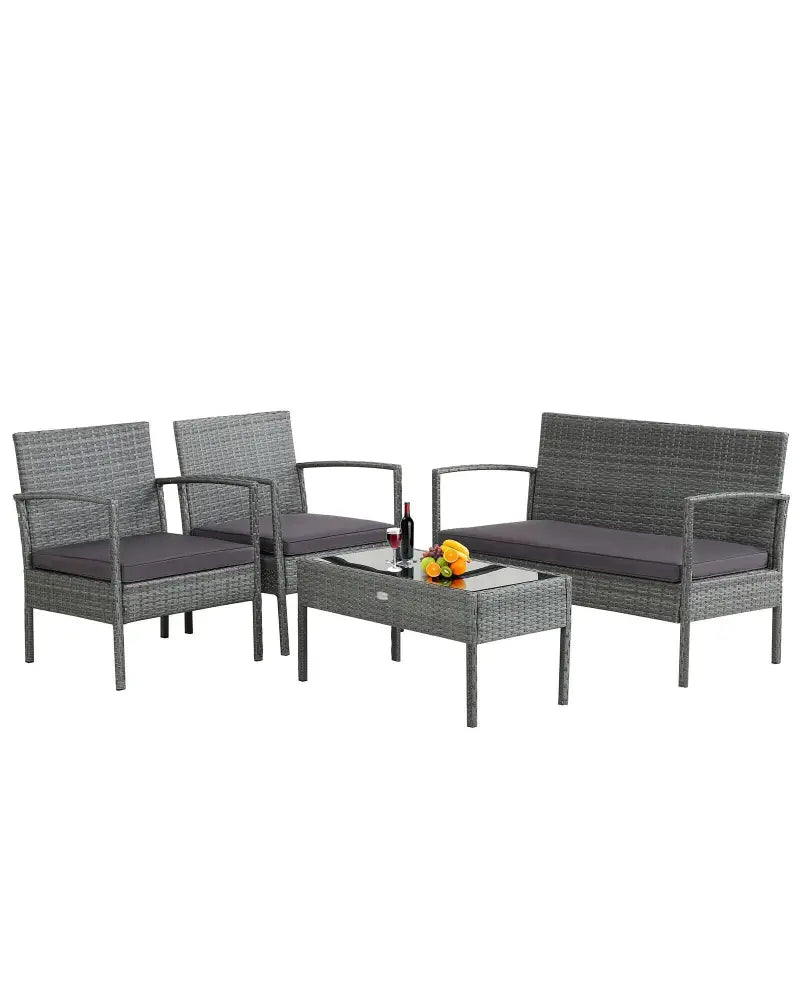 4 Pieces Outdoor Rattan Conversation Set with Comfortable Cushion - Gray - Patio Conversation Sets