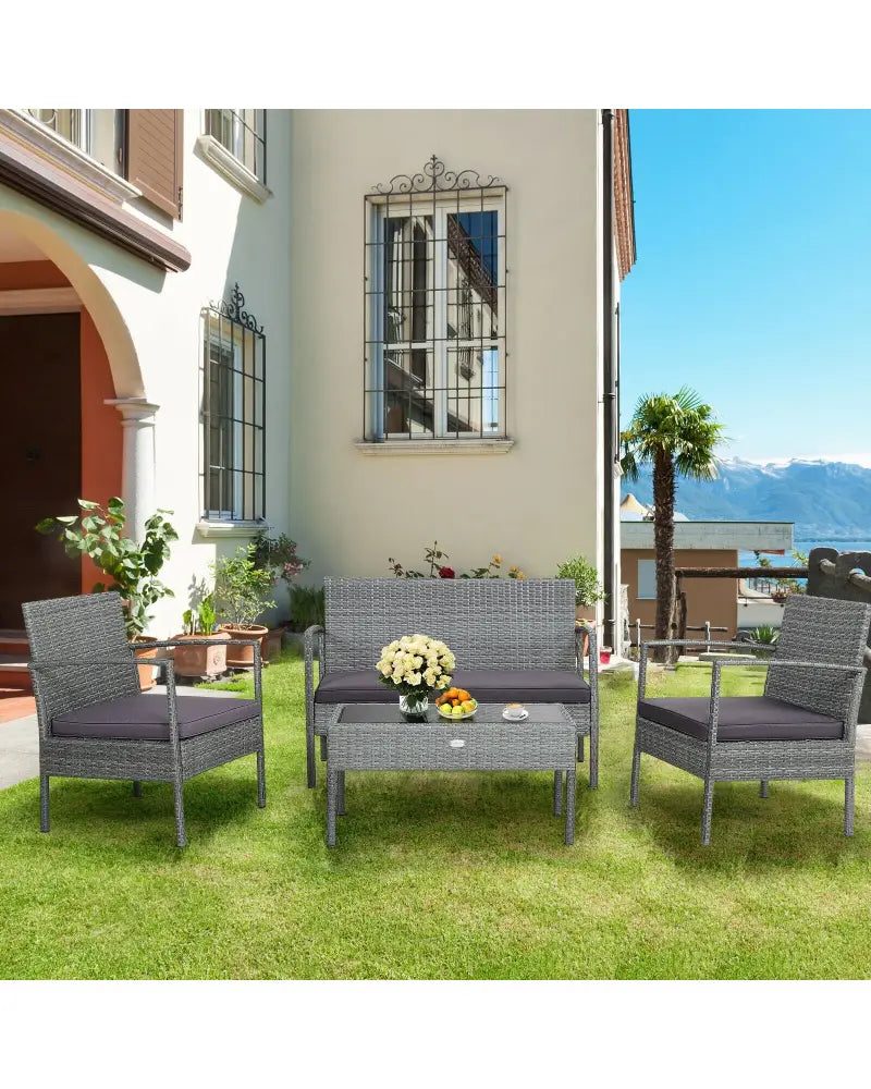 4 Pieces Outdoor Rattan Conversation Set with Comfortable Cushion - Gray - Patio Conversation Sets