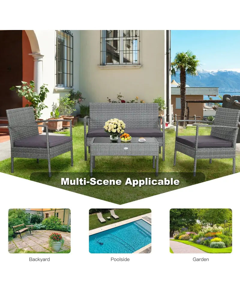 4 Pieces Outdoor Rattan Conversation Set with Comfortable Cushion - Gray - Patio Conversation Sets