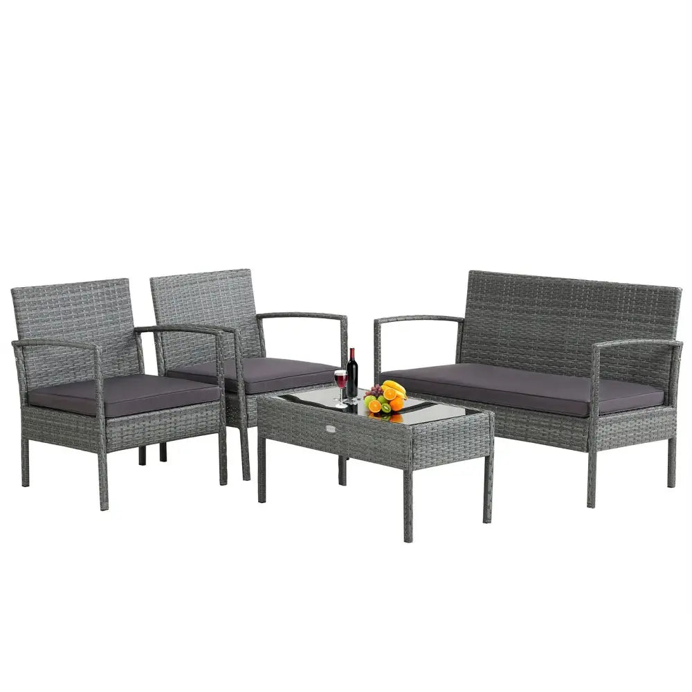 4 Pieces Outdoor Rattan Conversation Set with Comfortable Cushion - Gray - Patio Conversation Sets