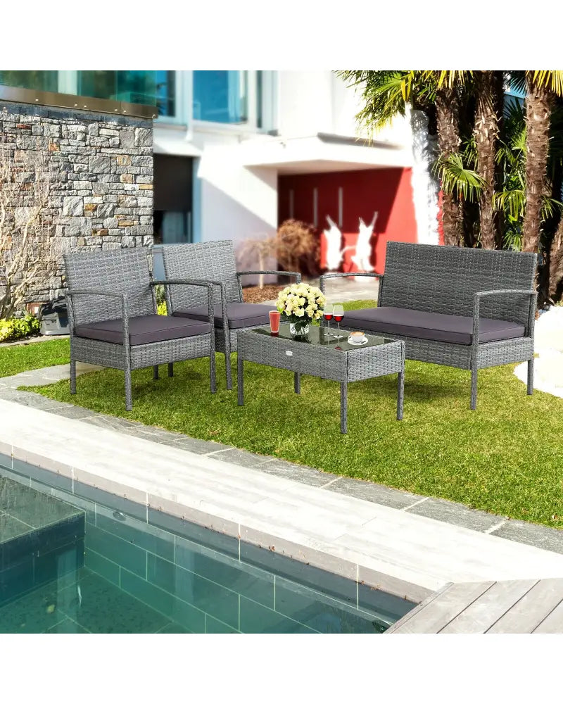 4 Pieces Outdoor Rattan Conversation Set with Comfortable Cushion - Gray - Patio Conversation Sets