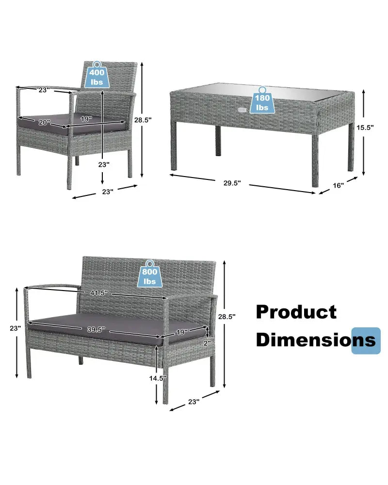 4 Pieces Outdoor Rattan Conversation Set with Comfortable Cushion - Gray - Patio Conversation Sets