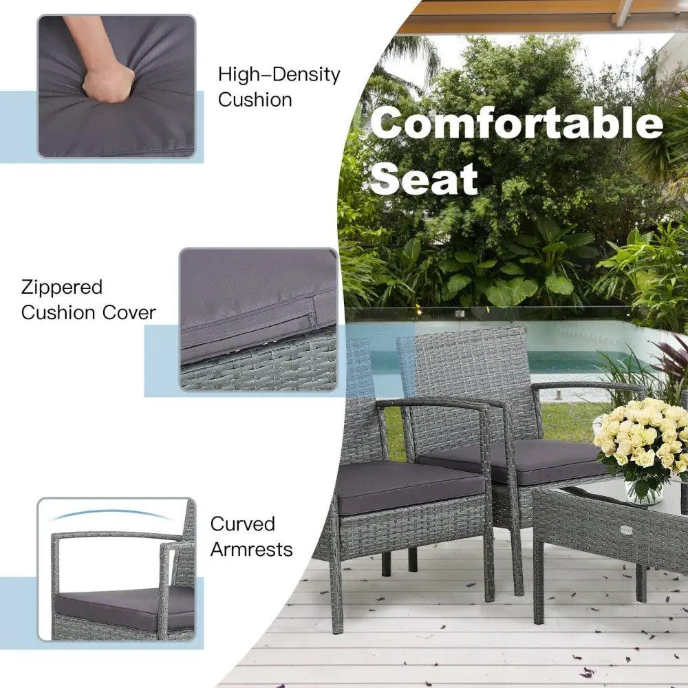 4 Pieces Outdoor Rattan Conversation Set with Comfortable Cushion - Gray - Patio Conversation Sets