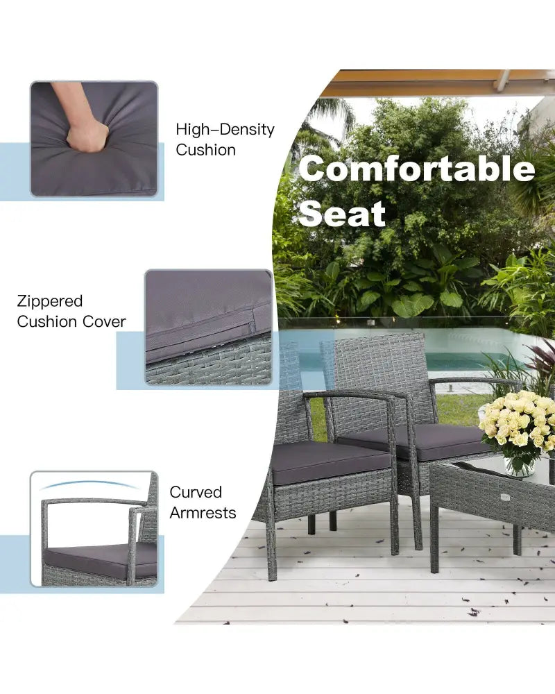 4 Pieces Outdoor Rattan Conversation Set with Comfortable Cushion - Gray - Patio Conversation Sets