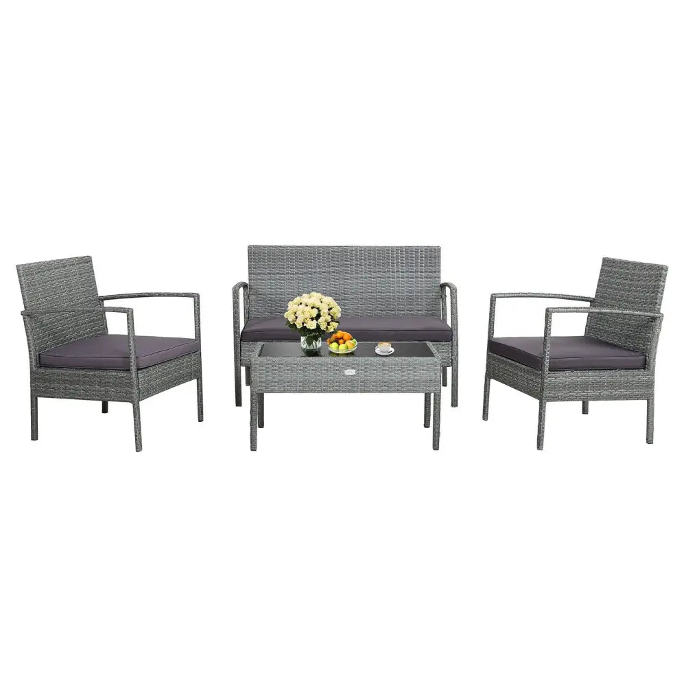 4 Pieces Outdoor Rattan Conversation Set with Comfortable Cushion - Gray - Patio Conversation Sets