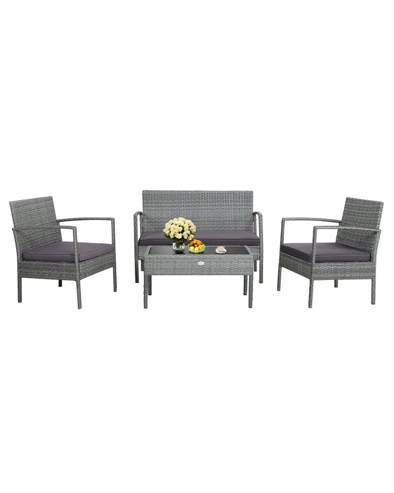 4 Pieces Outdoor Rattan Conversation Set with Comfortable Cushion - Gray - Patio Conversation Sets