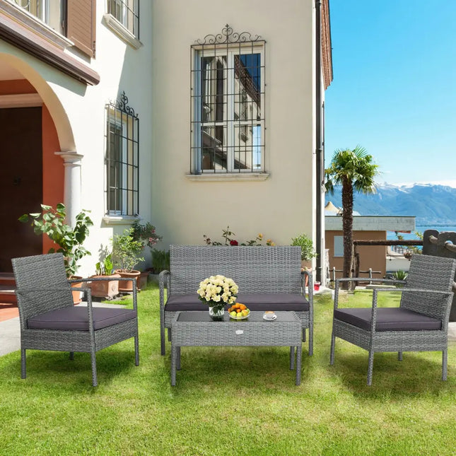 4 Pieces Outdoor Rattan Conversation Set with Comfortable Cushion - Gray - Patio Conversation Sets