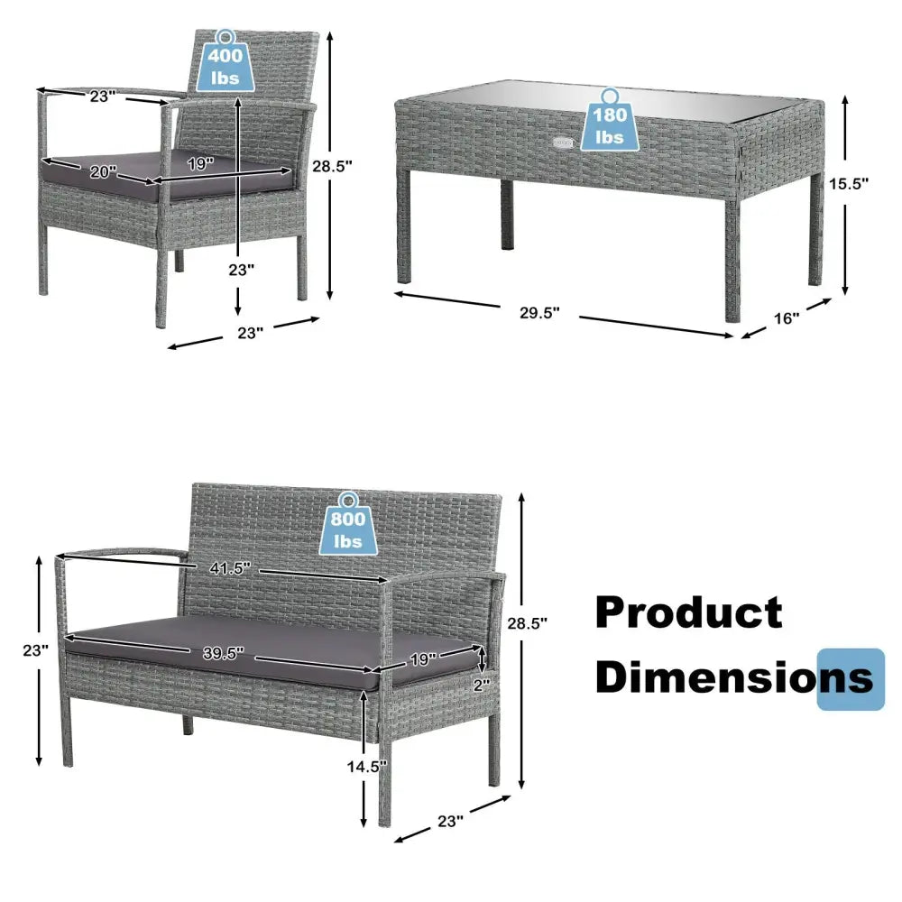 4 Pieces Outdoor Rattan Conversation Set with Comfortable Cushion - Gray - Patio Conversation Sets