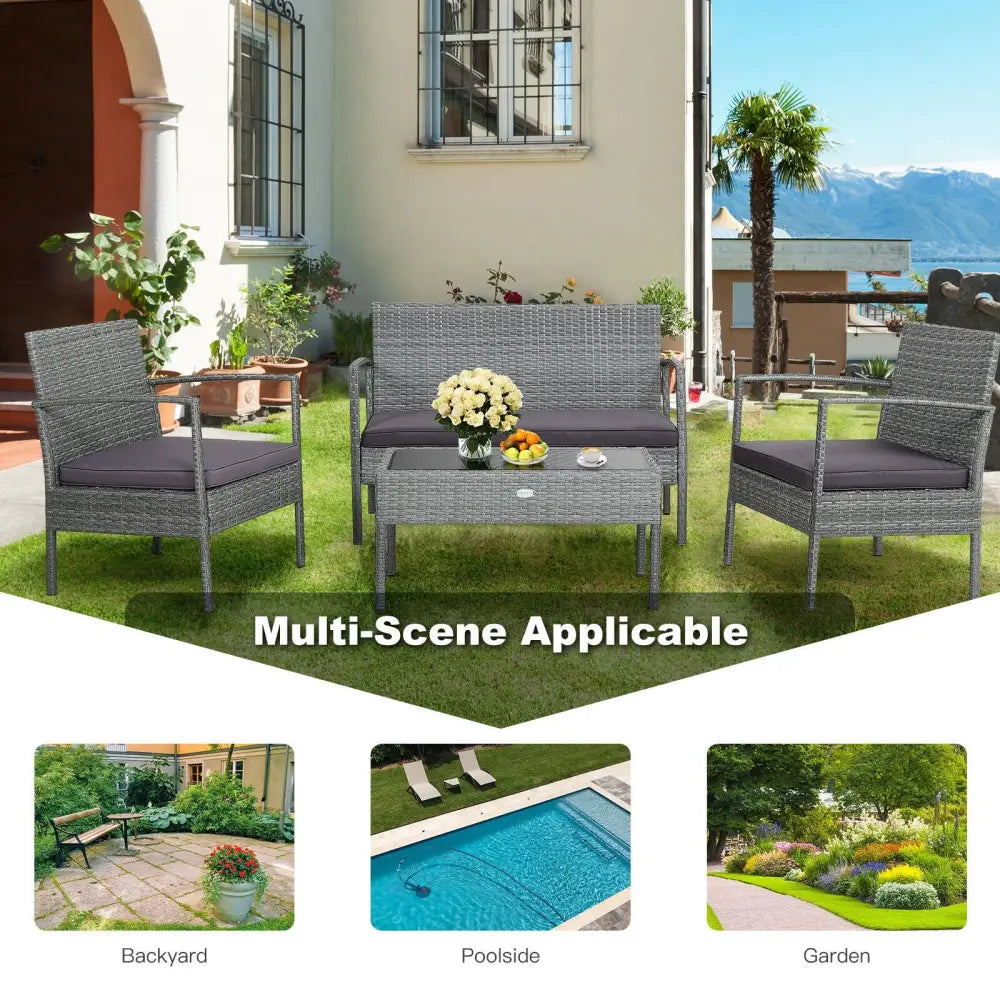 4 Pieces Outdoor Rattan Conversation Set with Comfortable Cushion - Gray - Patio Conversation Sets