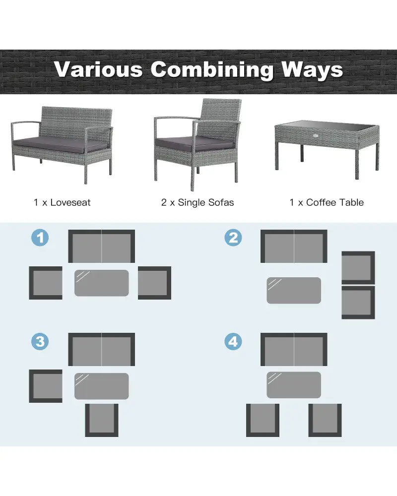4 Pieces Outdoor Rattan Conversation Set with Comfortable Cushion - Gray - Patio Conversation Sets