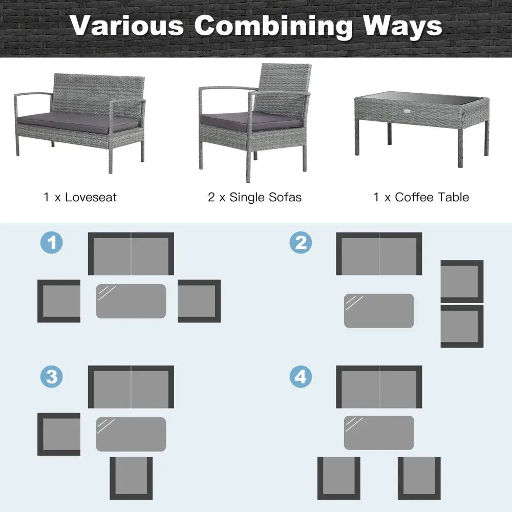 4 Pieces Outdoor Rattan Conversation Set with Comfortable Cushion - Gray - Patio Conversation Sets