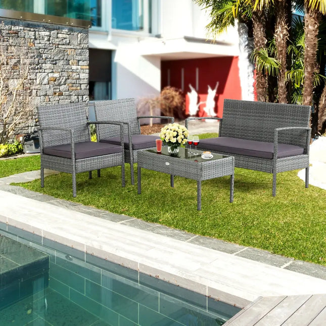 4 Pieces Outdoor Rattan Conversation Set with Comfortable Cushion - Gray - Patio Conversation Sets