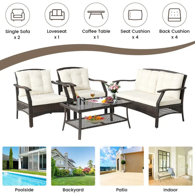 4 Pieces Outdoor Rattan Conversation Set with Protective Cover - Espresso - Patio Conversation Sets