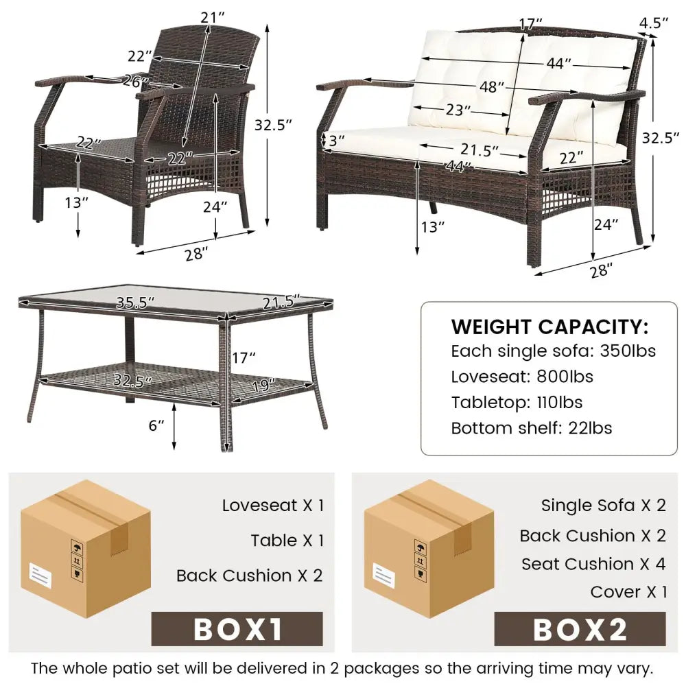 4 Pieces Outdoor Rattan Conversation Set with Protective Cover - Espresso - Patio Conversation Sets