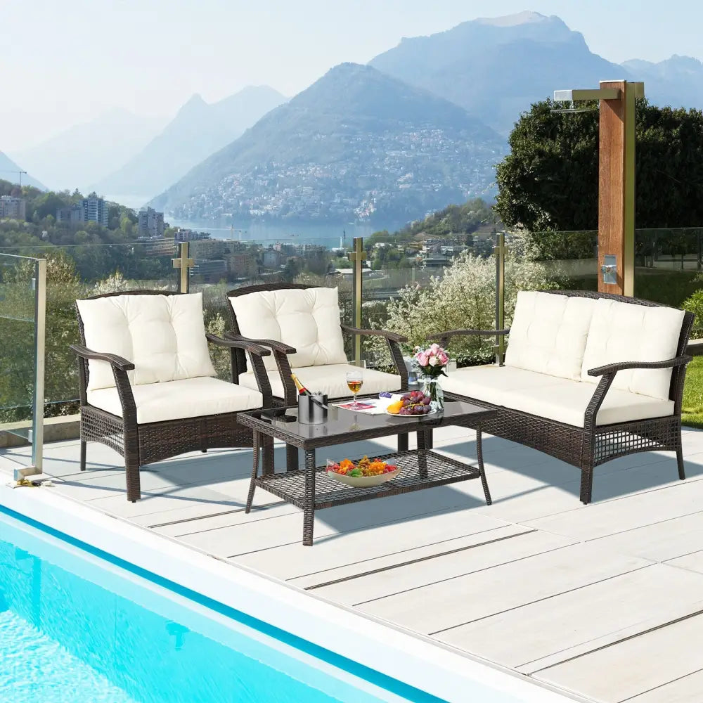 4 Pieces Outdoor Rattan Conversation Set with Protective Cover - Espresso - Patio Conversation Sets