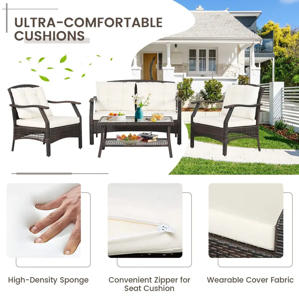 4 Pieces Outdoor Rattan Conversation Set with Protective Cover - Espresso - Patio Conversation Sets