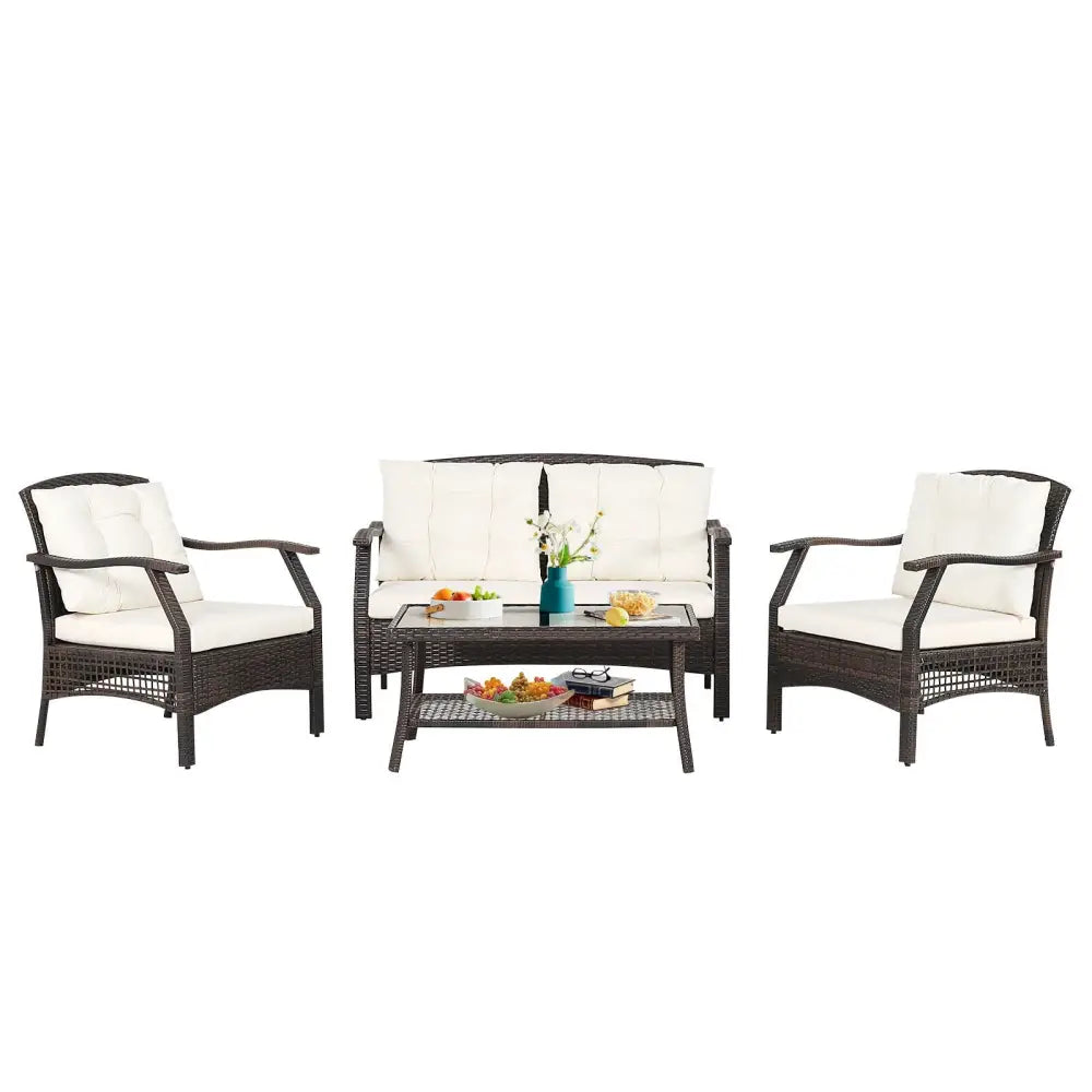 4 Pieces Outdoor Rattan Conversation Set with Protective Cover - Espresso - Patio Conversation Sets