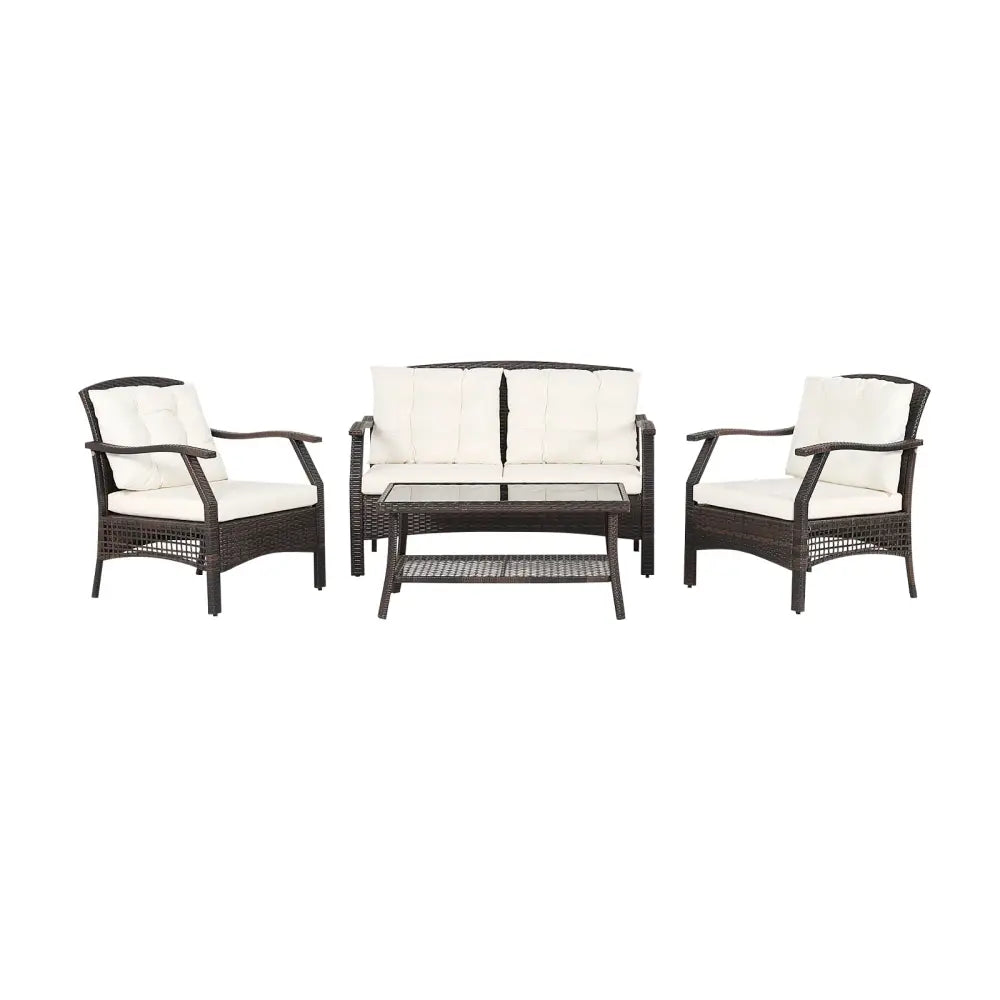 4 Pieces Outdoor Rattan Conversation Set with Protective Cover - Espresso - Patio Conversation Sets