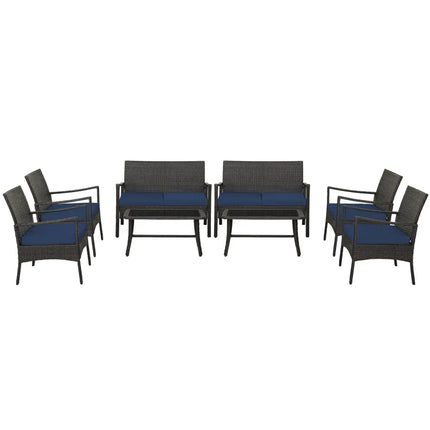 4 Pieces Outdoor Rattan Conversation Set with Tempered Glass Coffee Table-Navy - Navy - Patio Conversation Sets