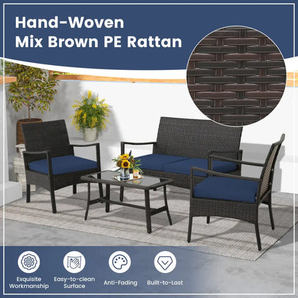 4 Pieces Outdoor Rattan Conversation Set with Tempered Glass Coffee Table-Navy - Navy - Patio Conversation Sets