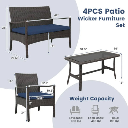 4 Pieces Outdoor Rattan Conversation Set with Tempered Glass Coffee Table-Navy - Navy - Patio Conversation Sets