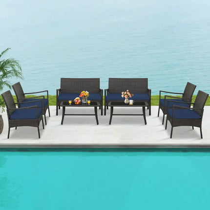 4 Pieces Outdoor Rattan Conversation Set with Tempered Glass Coffee Table-Navy - Navy - Patio Conversation Sets