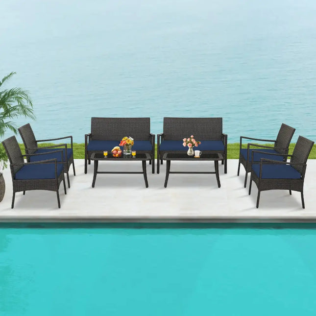 4 Pieces Outdoor Rattan Conversation Set with Tempered Glass Coffee Table-Navy - Navy - Patio Conversation Sets